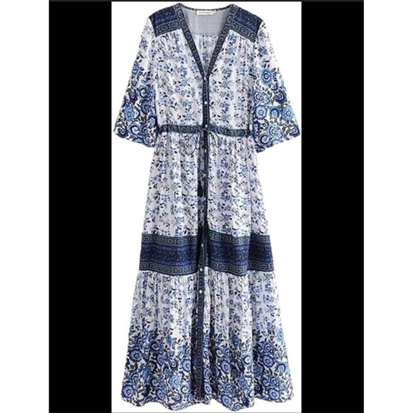 R. Vivimos Maxi Dress M Short Sleeve Blue White Floral Cottage Prairie Button - Picture 5 of 10